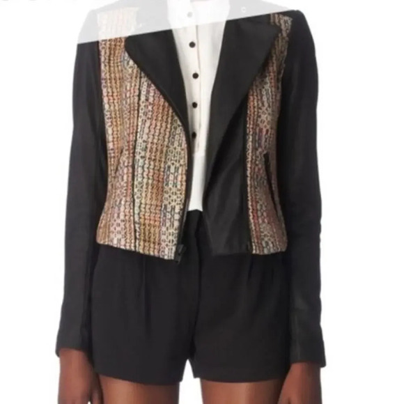 Theory Assymetrical Leather Silk Tweed Rainbow Moto Jacket Size 4 - Picture 1 of 7